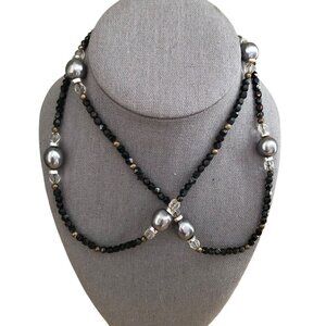 Vintage Crystal Faceted & Glass Jet Bead Opera Length Necklace - Whimsigoth 33"